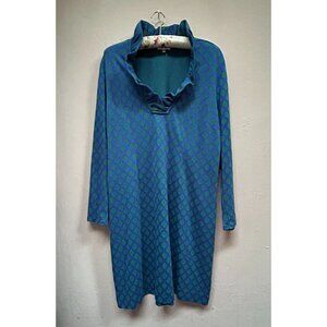 Tylerboe Womens Ruffle Collar Long Sleeve Shift Dress Size XL Blue/Green Stretch